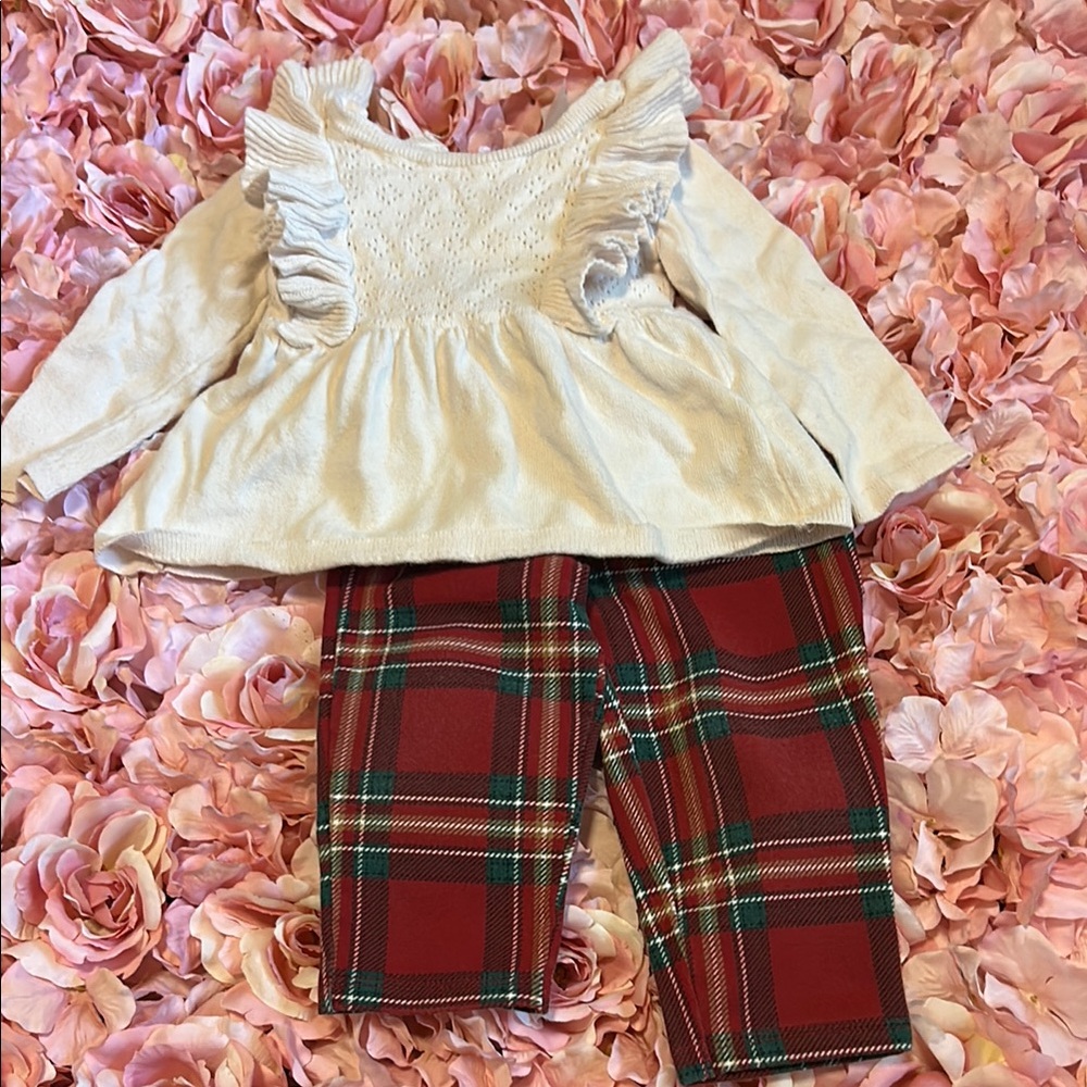 Cream Ruffle Top and Red Plaid Pants Set